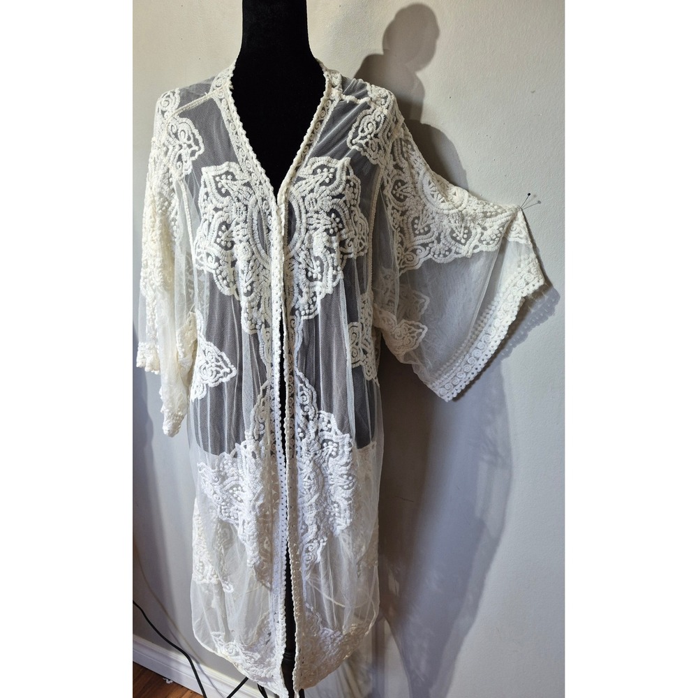 White Lace Kimono Cardigan Sheer Embroidered Mesh Cover Up Plus Size 2XL 3XL